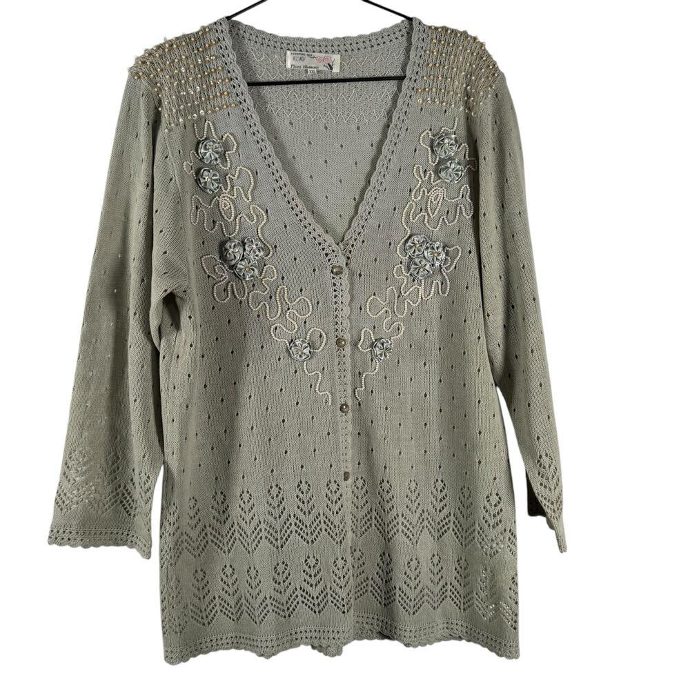 Vintage Plum Blossom Womens Green 100% Silk Button Front Cardigan Sweater Sz XXL